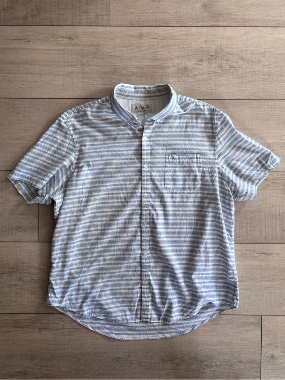 Original Penguin Light Blue/White Short-Sleeve Striped Button-Up Shirt Size XXL